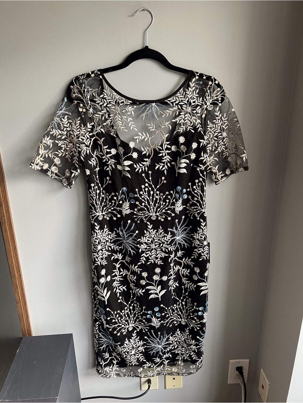 Adrianna Papell Black Midi Dress with Ivory Floral Embroidery